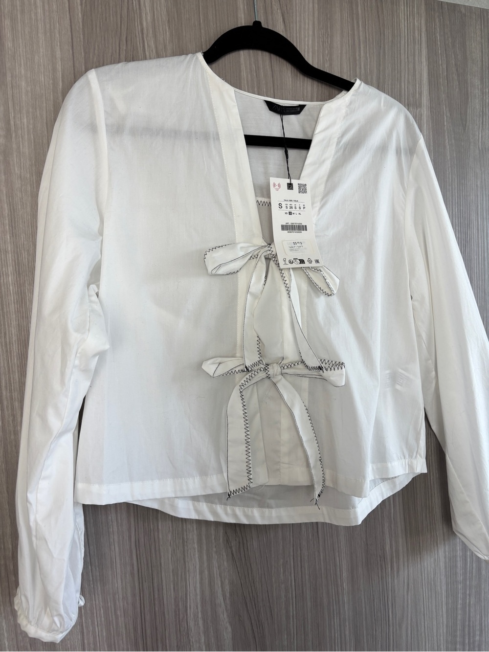Zara Poplin White Tie-Front Long Sleeve Women's Top
